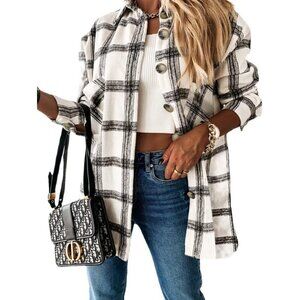 Women White Collared V Neck Button Down Oversized Long Sleeve Shirt Top